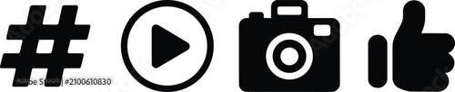 Social media icons featuring hashtag, video play button, photo camera, and thumbs up like hand symbol for digital content creation and black