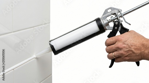 Close-up of hand using caulk gun to seal white tiled wall with precise application