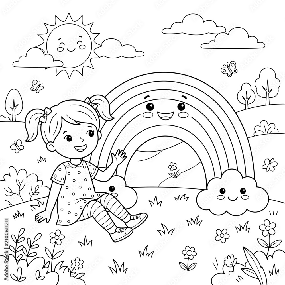 Obraz premium Girl and rainbow in a sunny meadow