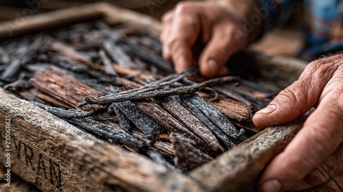 Farmer Inspecting Dark Vanilla Pods In Wooden Tray
