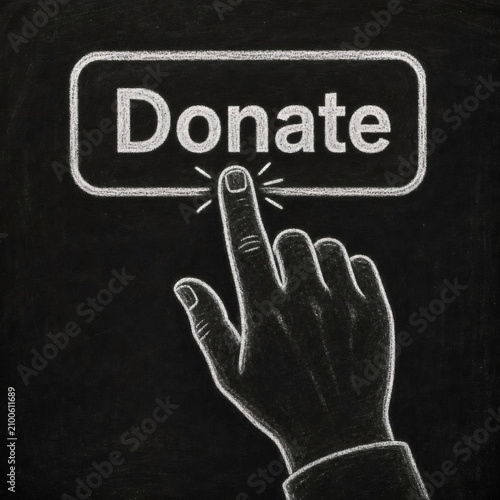 chalk donate gesture charity bold white hand clicking donation button textured blackboard board high contrast act of giving fundraising support