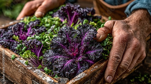 Hands Arranging Purple Kale Leaves In Wooden Crate