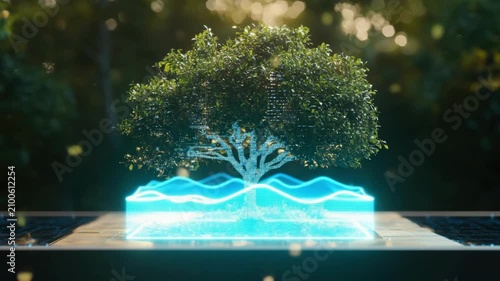 Digital tree with circuitry branches and leaves in a futuristic forest environment