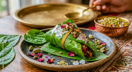 Paan Beeda or Meetha Paan or sweet beeda or tambool is a popular Indian mouth freshener and after-meal digestive made from betel leaves folded with fillings like gulkand (rose petal jam), fennel seeds