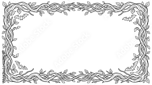 A black and white line art illustration of a rectangular frame made of intertwined tree branches and leaves, with bats flying in each corner, on a white background.