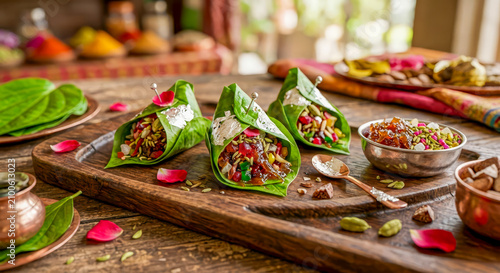 Paan Beeda or Meetha Paan or sweet beeda or tambool is a popular Indian mouth freshener and after-meal digestive made from betel leaves folded with fillings like gulkand (rose petal jam), fennel seeds