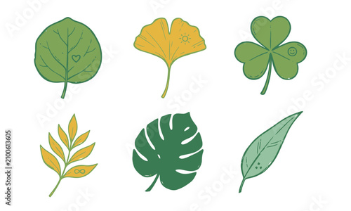 A collection of green leaf illustrations with unique patterns and natural forms, showcasing botanical diversity