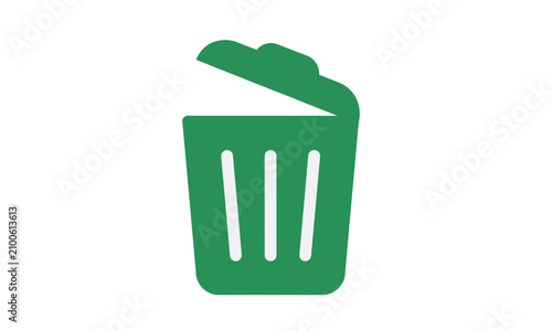 A green trash can icon with its lid open, representing waste disposal and recycling