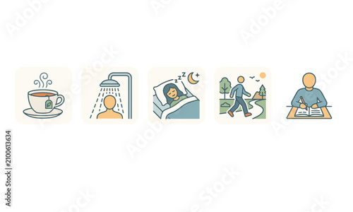 Daily self care routine icons set depicting healthy lifestyle habits like sleeping, showering, walking, studying, and drinking tea