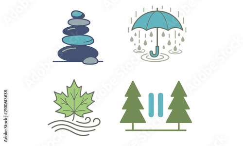 Nature and mindfulness icons set featuring stacked zen stones, rain umbrella, autumn wind leaf, and pause symbol between pine trees