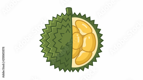 Fotografie A vibrant illustration of a durian fruit cut open showing its creamy yellow flesh and spiky green exterior on a white background in 2026