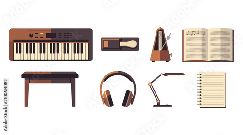 Music studio equipment with keyboard, headphones, microphone, musical score, and book for musicians and music enthusiasts