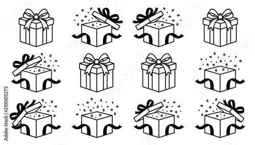 Cuadro en lienzo Collection of gift boxes with ribbons and confetti in linear style