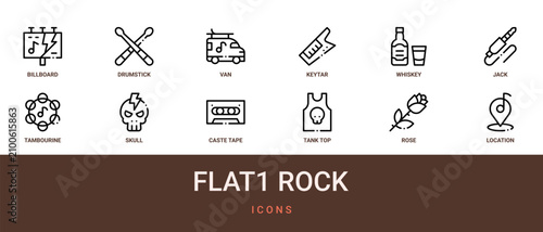 Obraz na płótnie Set of 12 outline web Flat1 Rock icons such as location, rose, tank top, caste t
