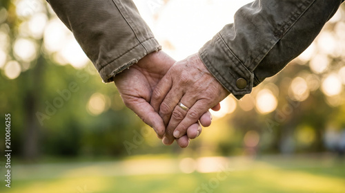 Close up of senior couple holding hands outdoors in park.