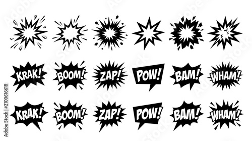 Canvastavla Comic book sound effects set, 18 black and white explosion bubbles with onomatop