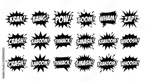 Foto Comic sound effects collection, black and white speech bubbles with action words