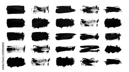 Grunge black paint brush strokes, set of 25 ink texture elements, hand drawn charcoal smear collection, rough artistic vector splatters for graphic design