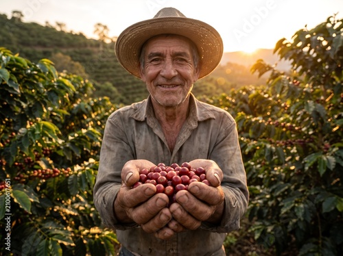 Portrait of happy coffee farmer showing fresh red coffee cherries in hands. Organic coffee production and agriculture concept.