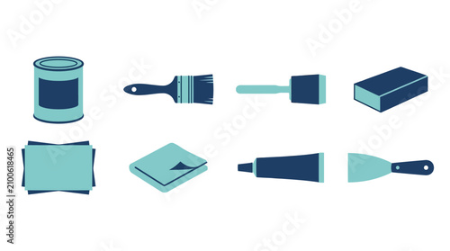 Creative flat lay of painting and decorating tools with paint can brush roller sponge and glue on white background for renovation and diy projects