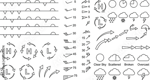 Foto Technical CAD Drawing Vector Set of Weather Map Symbols Meteorology Icons and Cl