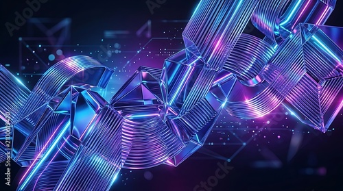 Futuristic Abstract Neon Glass Waves with Glowing Purple and Blue Light in 3D Digital Technology Background
