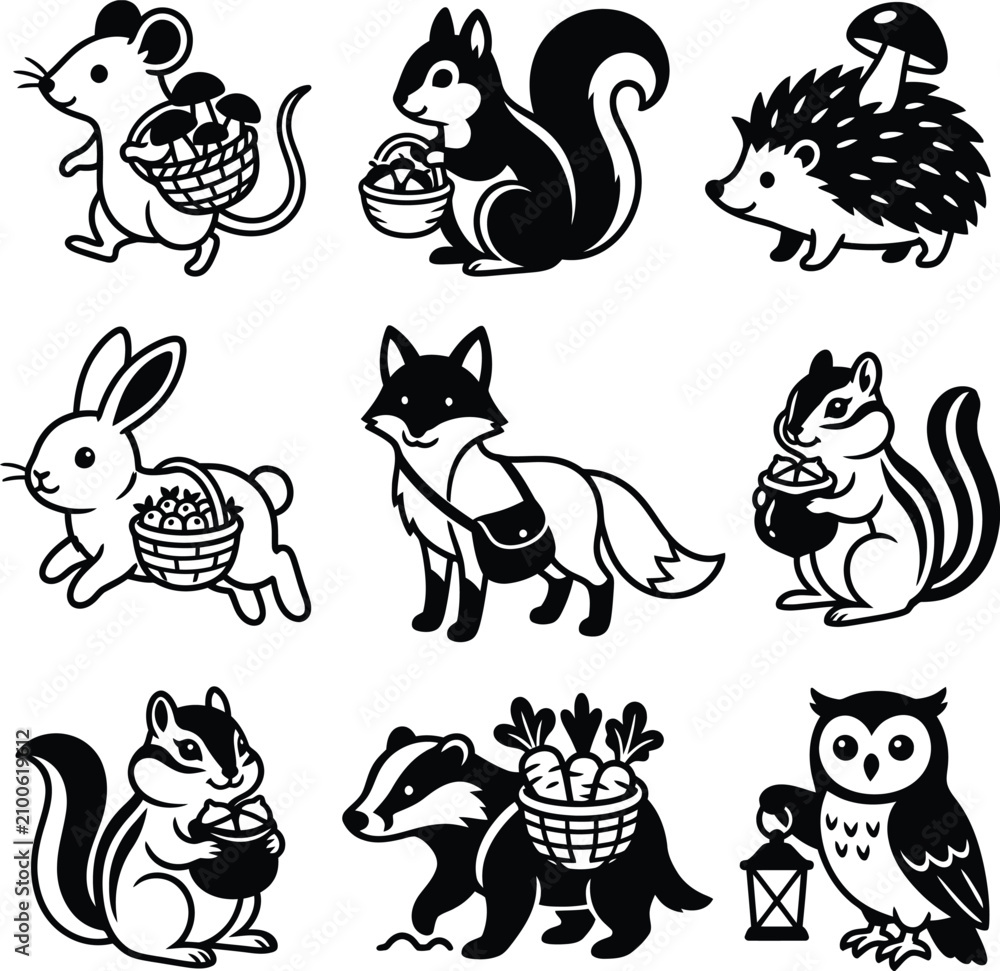 Obraz premium A selection of cute forest animal illustrations featuring woodland creatures gathering food and supplies.