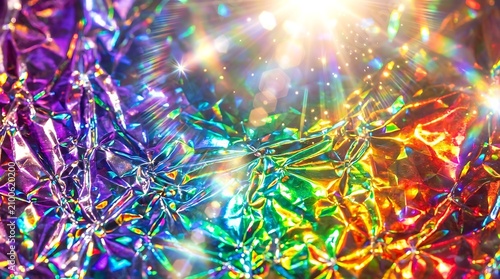 A dazzling abstract background featuring iridescent crystal textures with vibrant rainbow light reflections, sparkling highlights, and holographic effects.