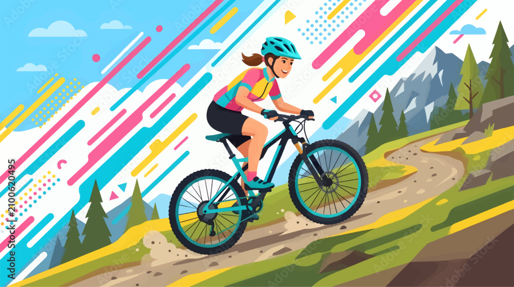 Fototapeta premium Woman Mountain Biking Uphill on a Dirt Trail, Flat Vector Illustration of a Cyclist in Athletic Gear, Dynamic Abstract Background with Geometric Shapes, Outdoor Adventure Concept for Sports Design
