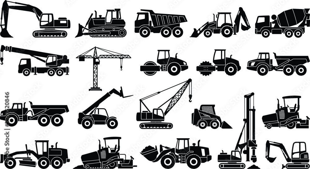 Obraz premium Construction Machinery and Heavy Equipment Silhouette Icon Collection Featuring Excavators Cranes and Trucks