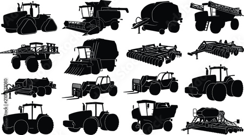Fotografía Agricultural Machinery and Farm Equipment Silhouette Icon Collection Featuring T