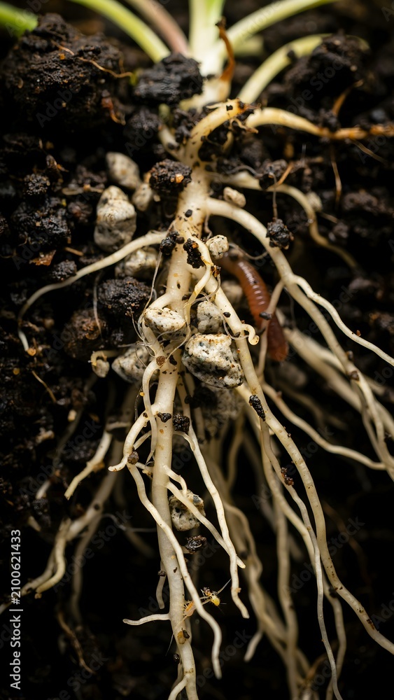 Fototapeta premium Close-up of Roots and Soil with Plant Sprouts and Organic Debris