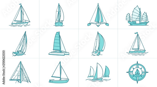 Fotografie Dynamic Collection of Diverse Sailboat Illustrations in Teal and White Line Art