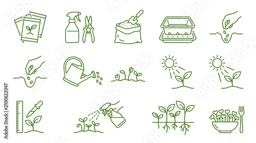 Canvastavla Corporate Green Line Icons Set Depicting Indoor Plant Cultivation and Growth Pro