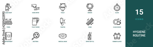 Photos Set of 15 outline web Hygiene Routine icons such as rubber gloves, spray bottle,