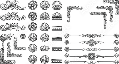 Fotografie Set of vintage decorative elements, floral scrolls, rosettes and shell motifs tr