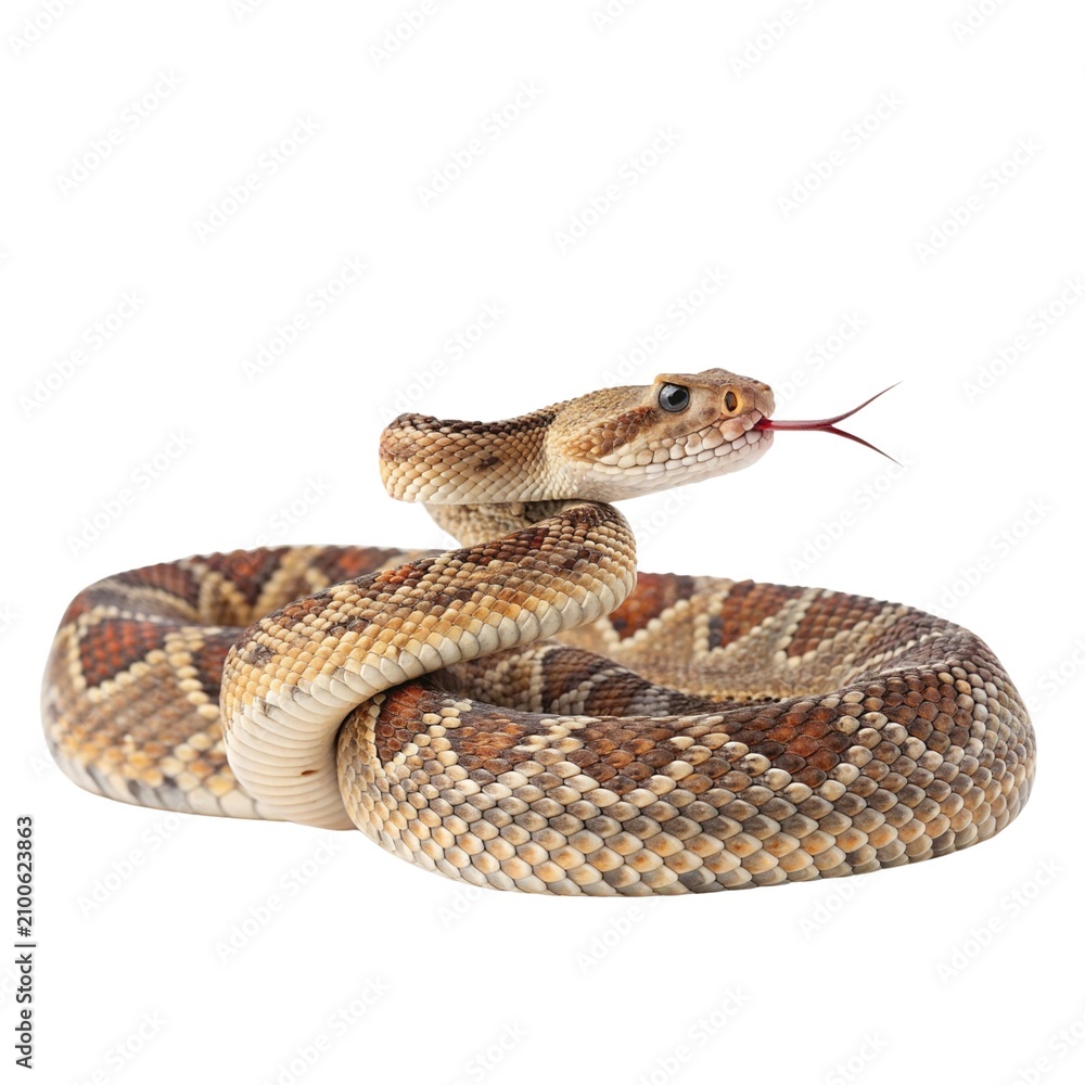 Obraz premium Rattlesnake coils its patterned body while extending a forked tongue to display its predatory behavior in this high resolution studio capture against a stark white background for scientific study.