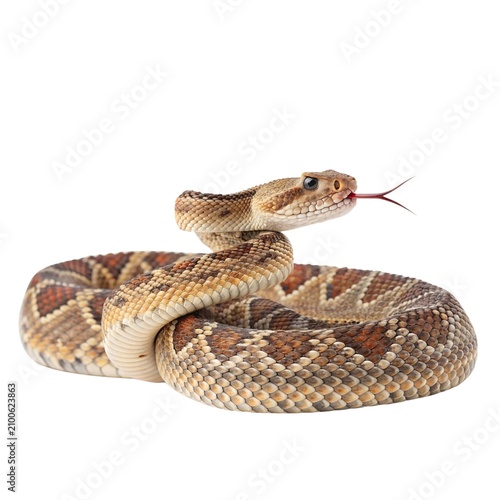 Rattlesnake coils its patterned body while extending a forked tongue to display its predatory behavior in this high resolution studio capture against a stark white background for scientific study.