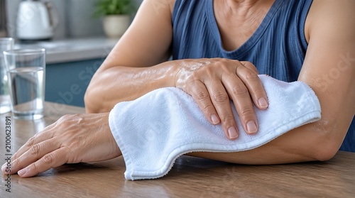 Adult person cooling down arm with damp cloth
