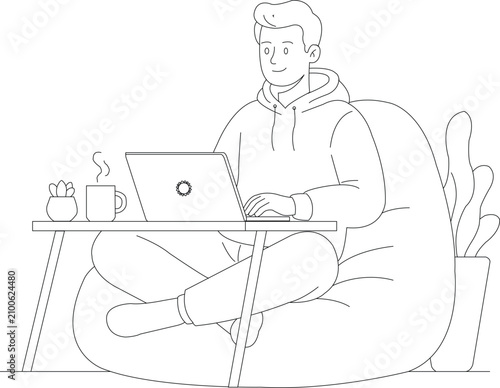 Young Man Working from Home on Laptop Line Art Vector Illustration