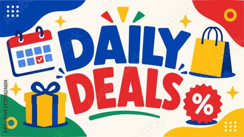 Vibrant promotional banner featuring Daily Deals text with shopping icons like a gift box, calendar, and bag for retail sales.