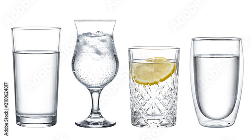 Collection of different drinking glasses isolated on transparent background for beverage menu design
