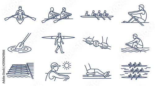 Quadro su tela Minimalist Black and White Line Drawing Illustrations of Various Rowing and Wate