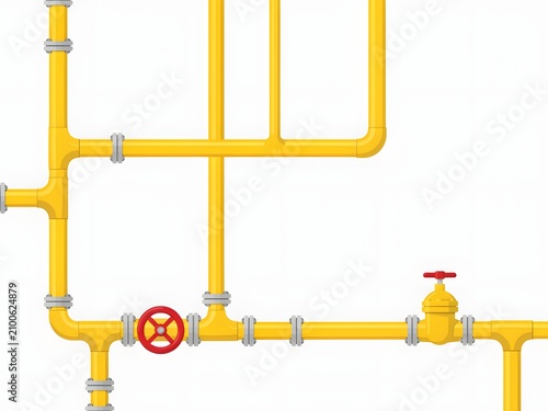 Yellow gas pipes and pipeline system with red valves for infrastructure and utility concepts, isolated on white background
