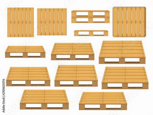 Wooden pallets in various views for logistics, shipping, and warehouse storage, isolated on white background