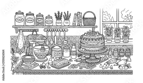 фотографія Modern Kitchen Cake Baking Adult Anti Stress Coloring Page Vector Line Art
