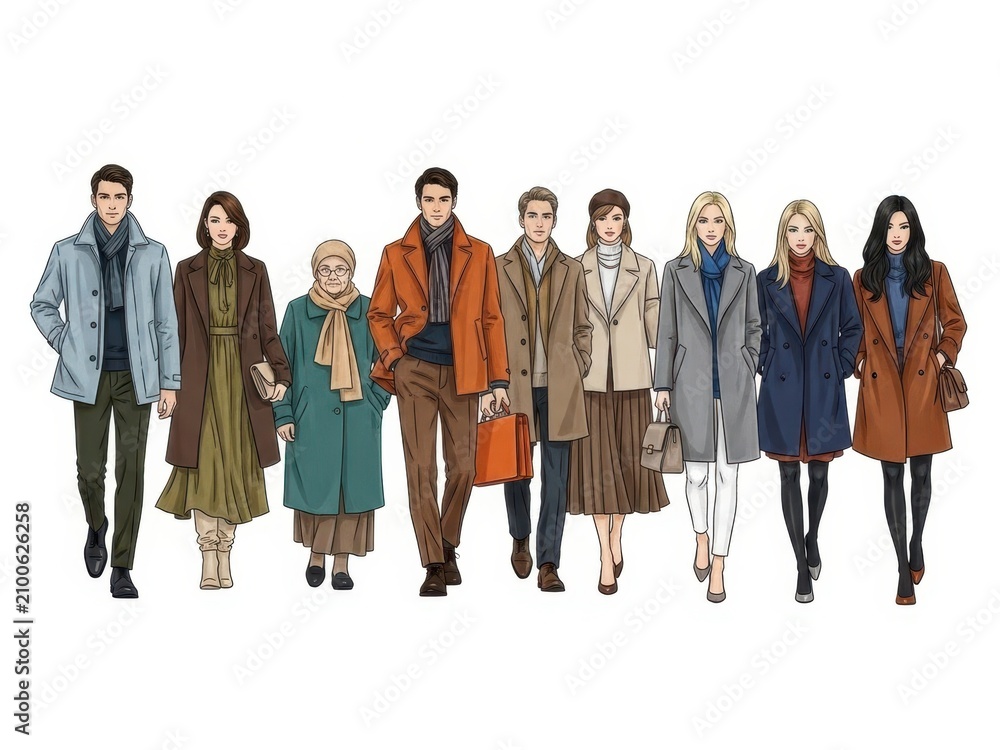 Obraz premium Diverse group of people walking together in stylish coats and clothing isolated on white background