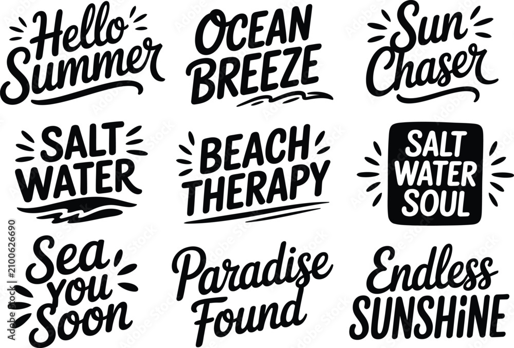 Obraz premium Hello Summer Retro Hand Lettering Typography Vector with Colorful Calligraphy, Beach Sunshine Seasonal Quote Design