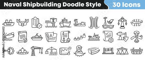 Foto Set of thirty hand drawn naval shipbuilding icons in doodle style
