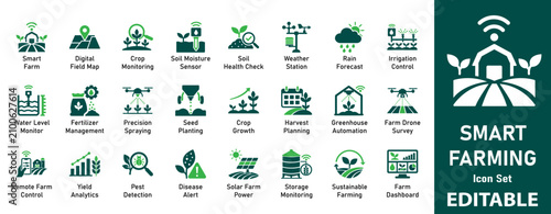 Smart Farming and Agriculture Icon Set. Precision Farming, Agritech, IoT, Farm Automation, and Digital Farm Technology Symbols.